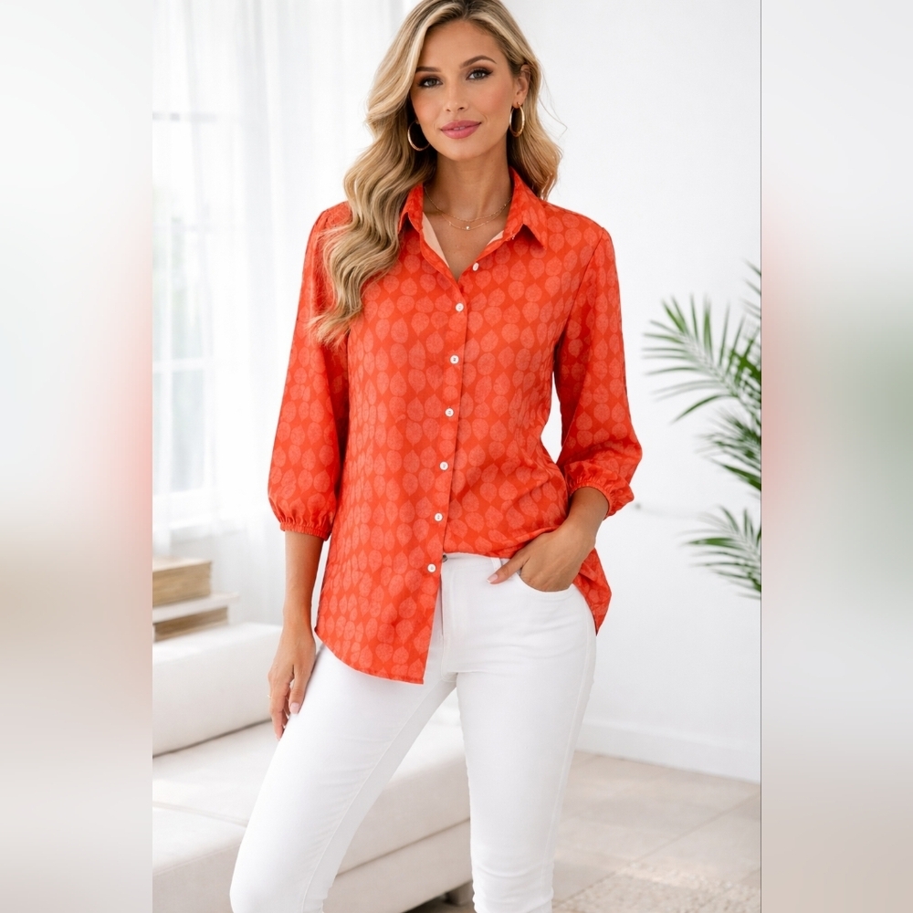 NWT Coeur de Vague Orange Button Down Peasant Blouse sz M #580